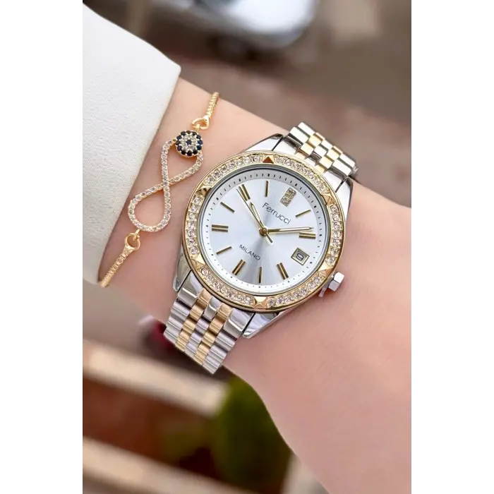 Gold Gümüş Renk 34 Mm Kadın Kol Saati ve Bileklik