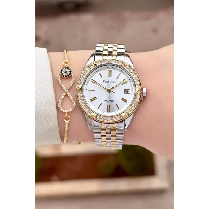 Gold Gümüş Renk 34 Mm Kadın Kol Saati ve Bileklik