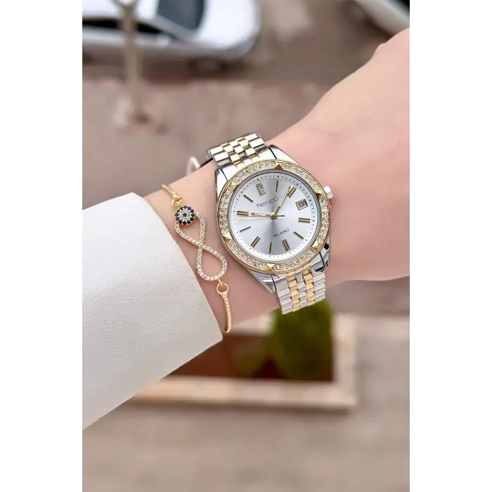 Gold Gümüş Renk 34 Mm Kadın Kol Saati ve Bileklik