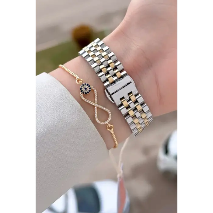 Gold Gümüş Renk 34 Mm Kadın Kol Saati ve Bileklik
