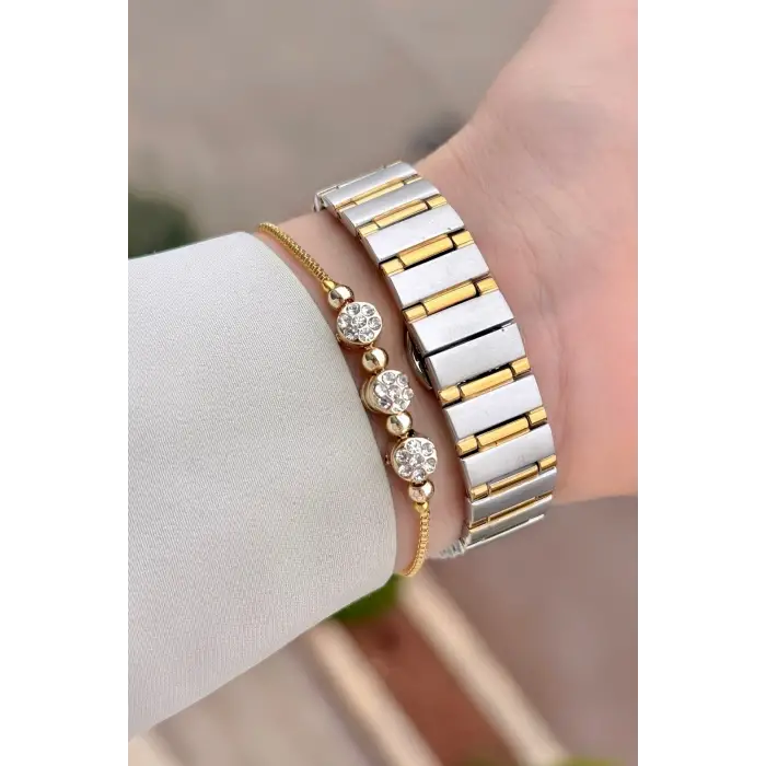 Gold Gümüş Renk 30 Mm Kadın Kol Saati ve Bileklik