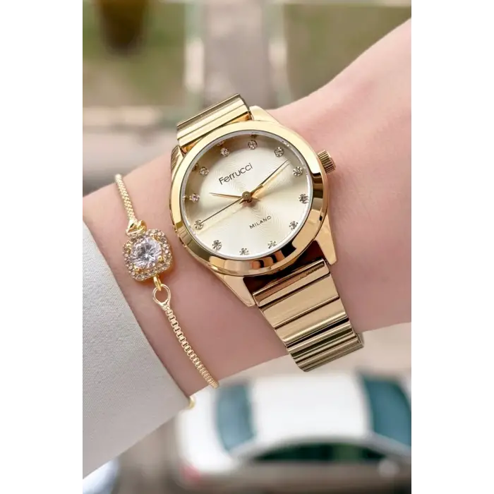 Gold Renk Kadın Kol Saati ve Bileklik