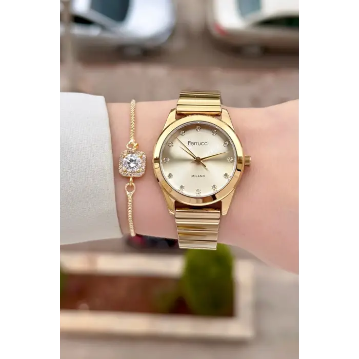 Gold Renk Kadın Kol Saati ve Bileklik