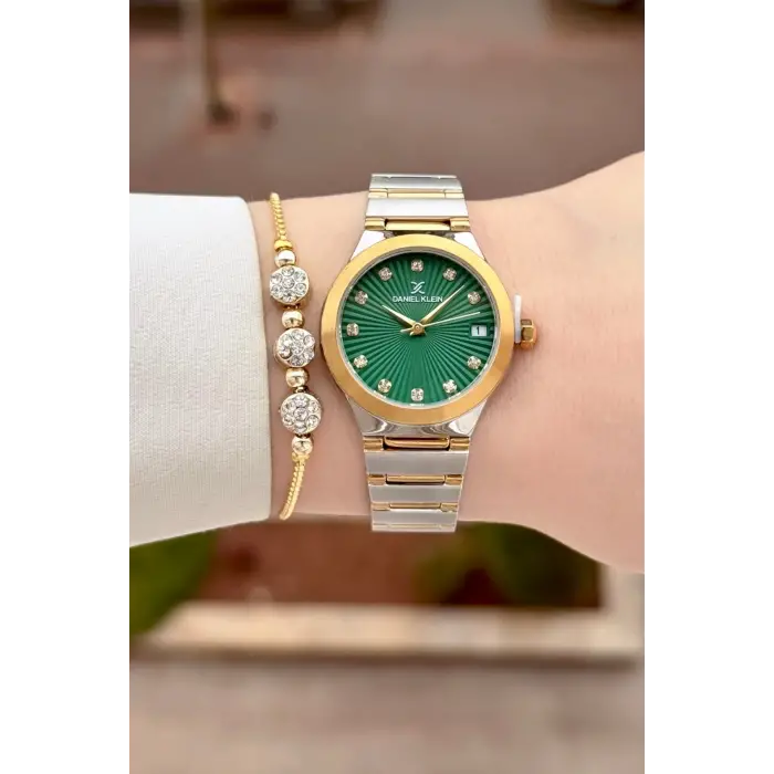 Kadranı Yeşil Kordonu Gold Gümüş Renk 30 Mm Kadın Kol Saati ve Bileklik