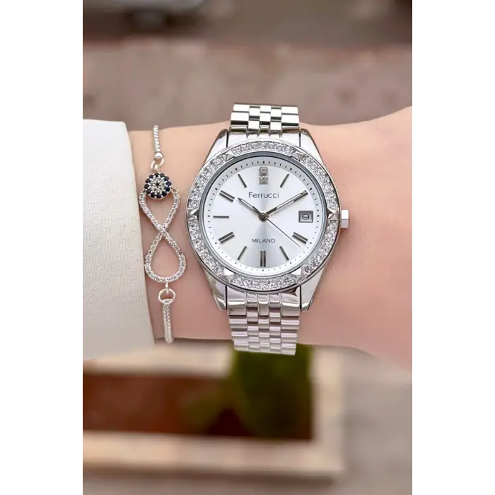 Gümüş Renk 34 Mm Kadın Kol Saati ve Bileklik