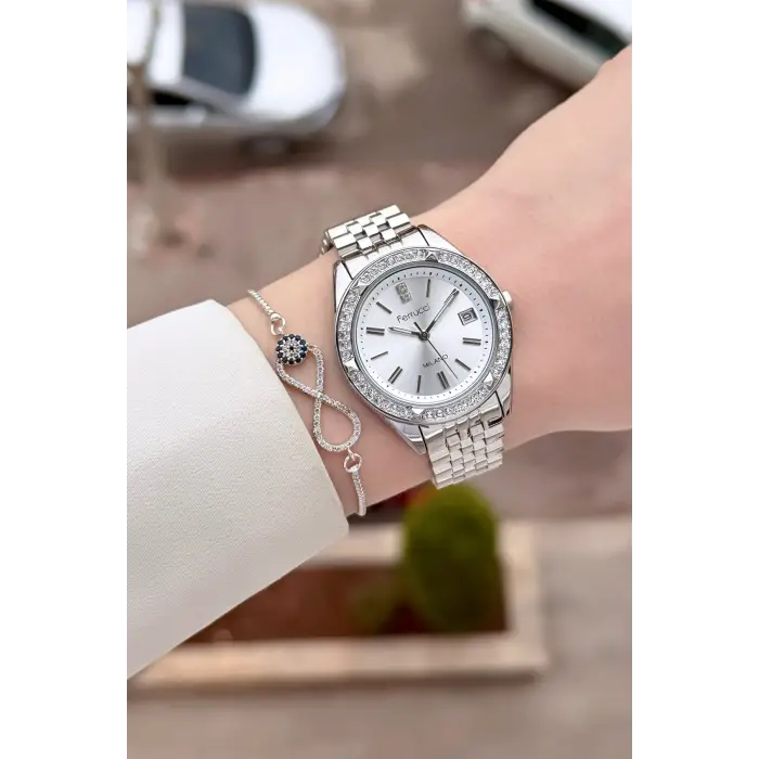 Gümüş Renk 34 Mm Kadın Kol Saati ve Bileklik