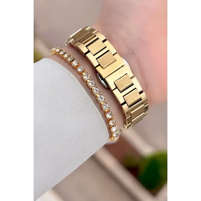 Gold Renk Hediye Paketli 30 Mm Kadın Kol Saati ve Bileklik
