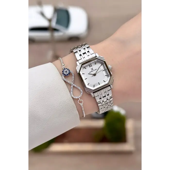 Gümüş Renk Hediye Paketli 23 Mm Kare Kadın Kol Saati ve Bileklik