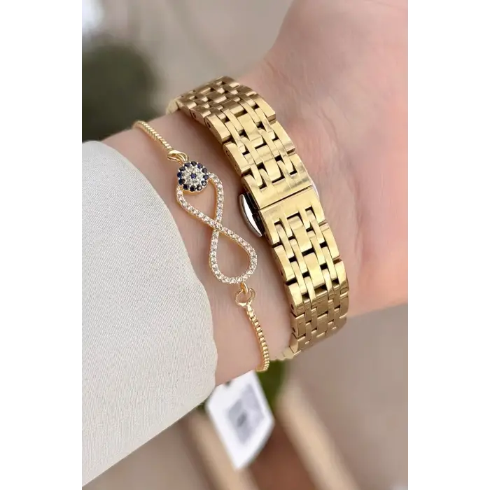 Kadranı Sarı Kordonu Gold Renk Hediye Paketli 23 Mm Kare Kadın Kol Saati ve Bileklik