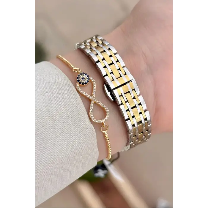 Gold Gümüş Renk Hediye Paketli 23 Mm Kare Kadın Kol Saati ve Bileklik