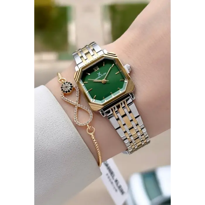 Gold Gümüş Yeşil Renk Hediye Paketli 23 Mm Kare Kadın Kol Saati ve Bileklik