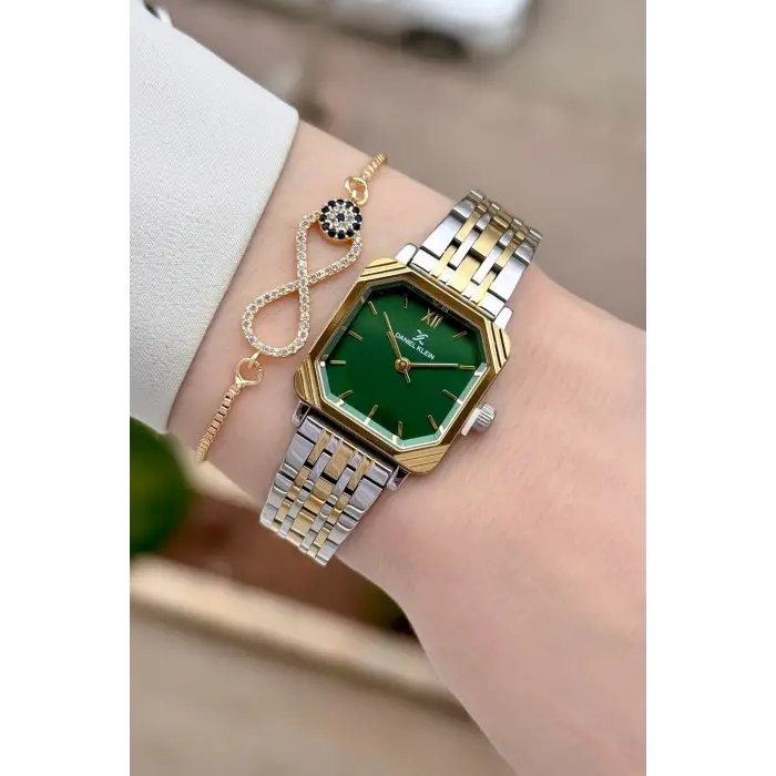 Gold Gümüş Yeşil Renk Hediye Paketli 23 Mm Kare Kadın Kol Saati ve Bileklik