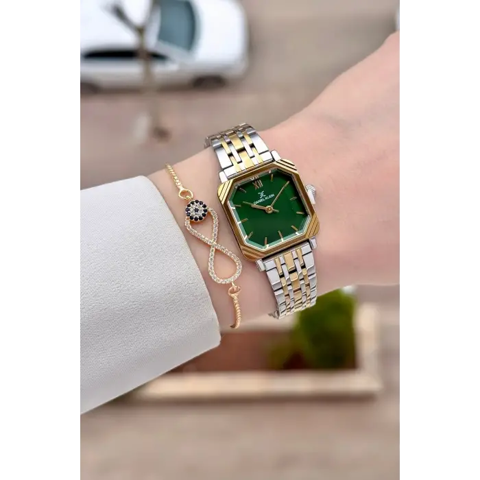 Gold Gümüş Yeşil Renk Hediye Paketli 23 Mm Kare Kadın Kol Saati ve Bileklik