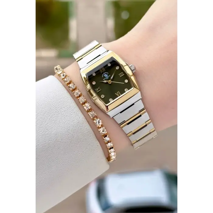 Santa Barbara Polo & Racquet Club Kadranı Yeşil Kodronu Gold Gümüş Renk 23,5 Mm Kadın Kol Saati ve Bileklik