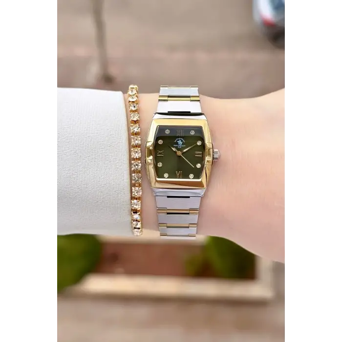 Santa Barbara Polo & Racquet Club Kadranı Yeşil Kodronu Gold Gümüş Renk 23,5 Mm Kadın Kol Saati ve Bileklik