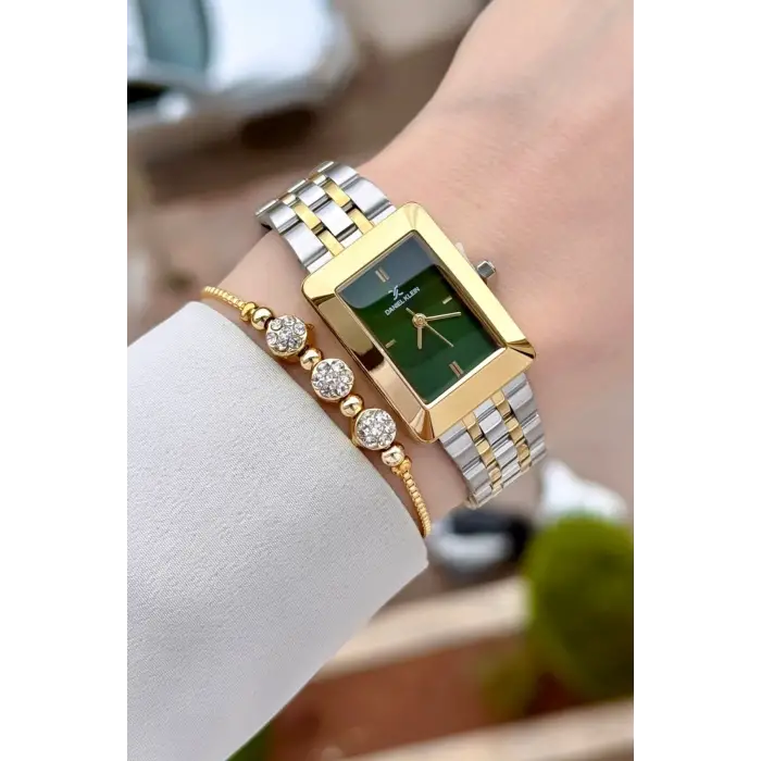 Kadranı Yeşil Kodronu Gold Gümüş Renk 22 Mm Kadın Kol Saati ve Bileklik