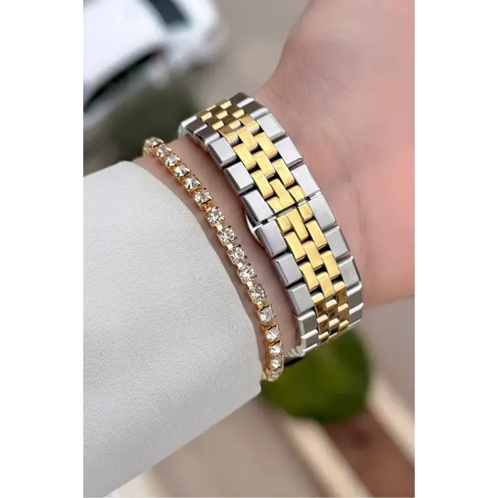 Gold Gümüş Renk 30 mm Kadın Kol Saati ve Bileklik