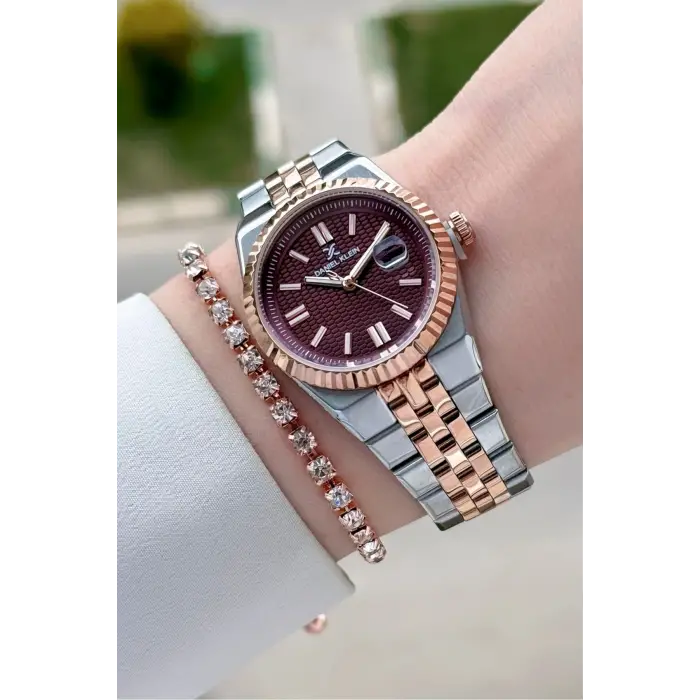 Kadranı Bordo Kordonu Rose Gümüş Renk 30 mm Kadın Kol Saati ve Bileklik