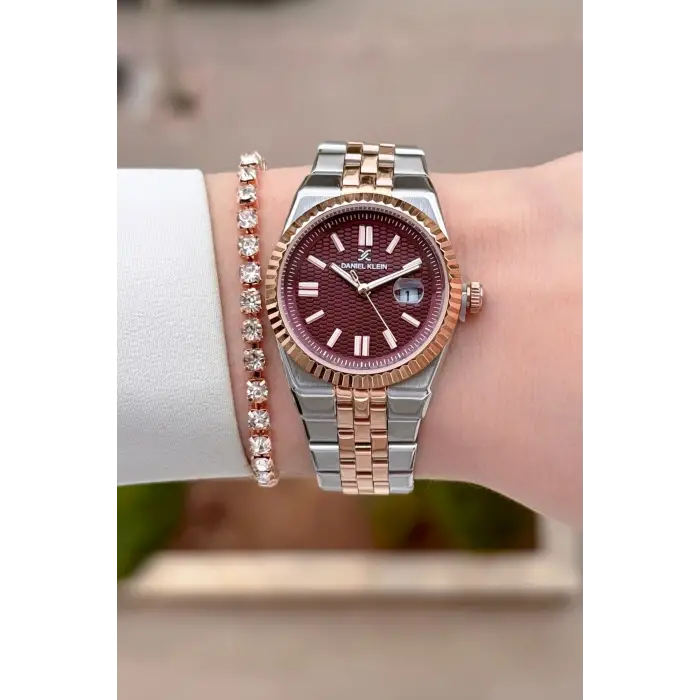 Kadranı Bordo Kordonu Rose Gümüş Renk 30 mm Kadın Kol Saati ve Bileklik