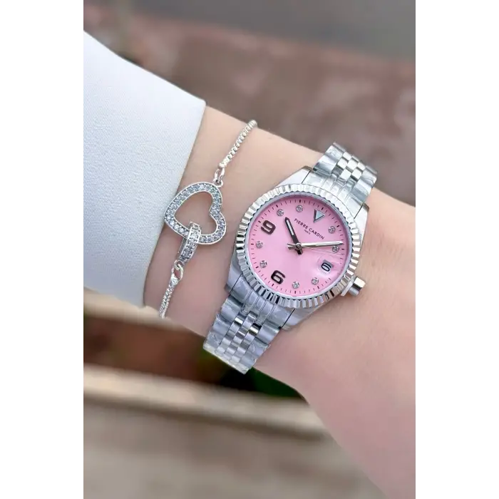 Kadranı Pembe Kordonu Gümüş Renk Kadın Kol Saati