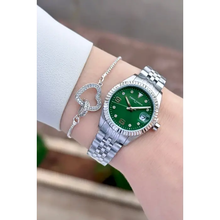 Kadranı Yeşil Kordonu Gümüş Renk Kadın Kol Saati
