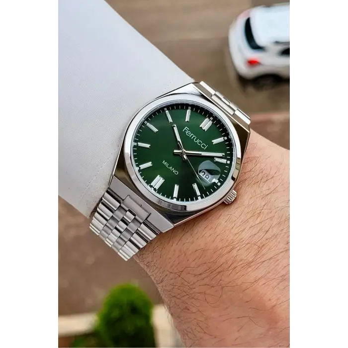 Kadranı Yeşil Kordonu Gümüş Renk 40 Mm Erkek Kol Saati