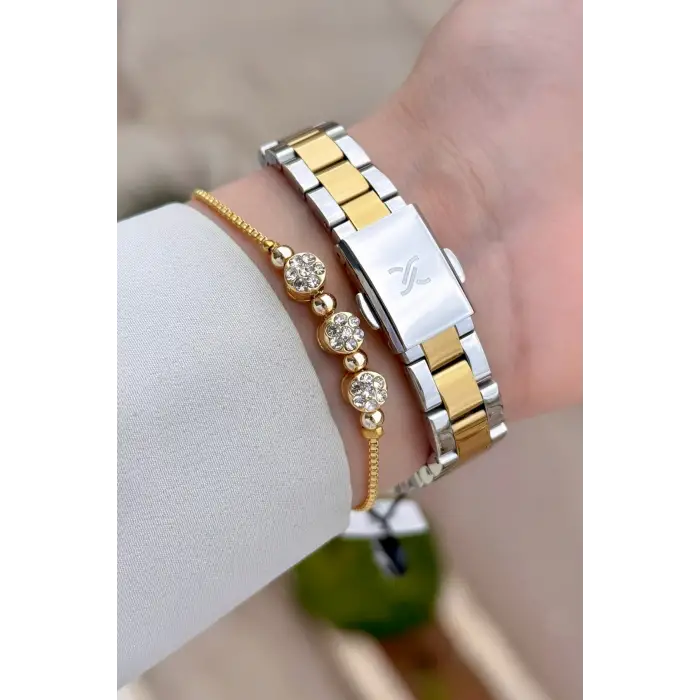 Gold Gümüş Renk 28 mm Kadın Kol Saati ve Bileklik