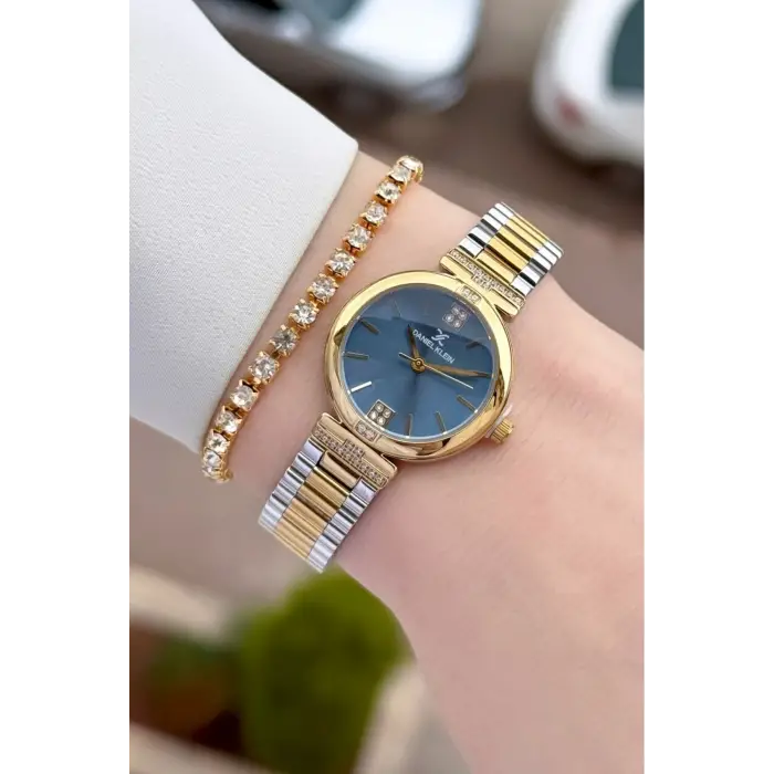 Kadranı Mavi Kordonu Gold Gümüş Renk 26 Mm Kadın Kol Saati ve Bileklik