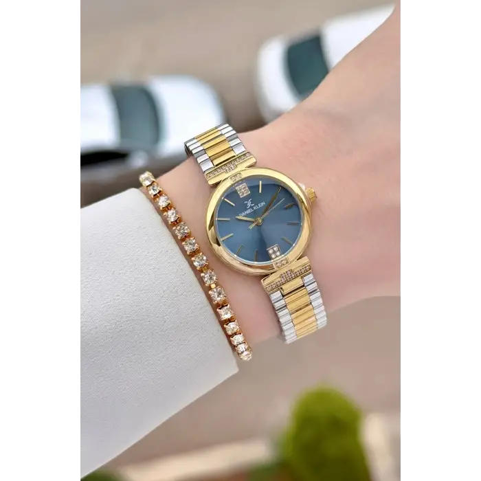Kadranı Mavi Kordonu Gold Gümüş Renk 26 Mm Kadın Kol Saati ve Bileklik