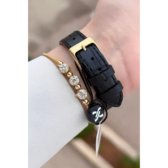 Kasası Gold Kordonu Siyah Renk 29 Mm Kadın Kol Saati ve Bileklik