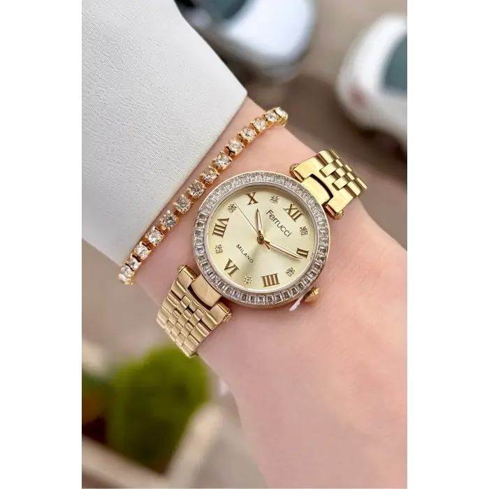 Gold Renk Kadın 30 Mm Kadın Kol Saati ve Hediye Bileklik
