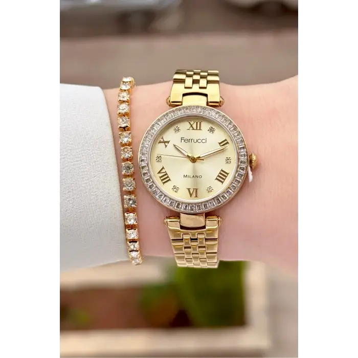 Gold Renk Kadın 30 Mm Kadın Kol Saati ve Hediye Bileklik