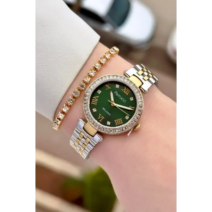 Kadranı Yeşil Kordonu Gold Gümüş Renk Kadın 30 Mm Kadın Kol Saati ve Hediye Bileklik
