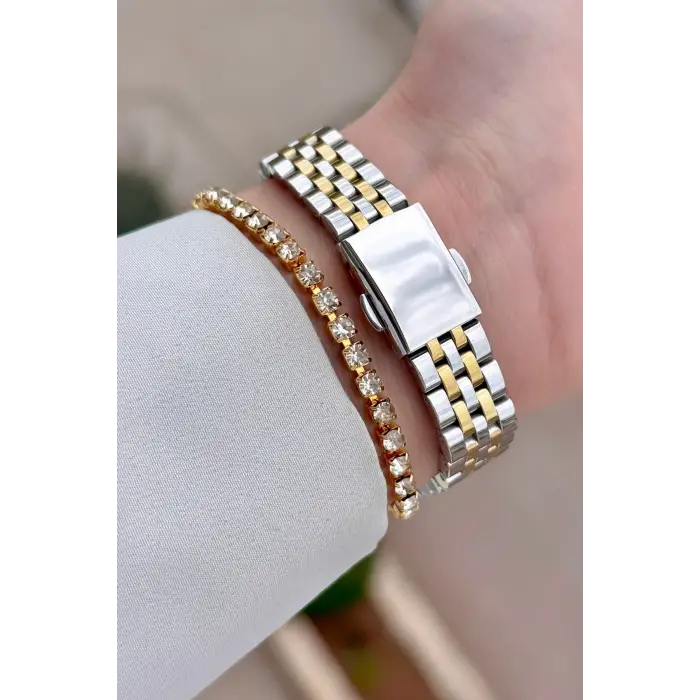 Kadranı Yeşil Kordonu Gold Gümüş Renk Kadın 30 Mm Kadın Kol Saati ve Hediye Bileklik