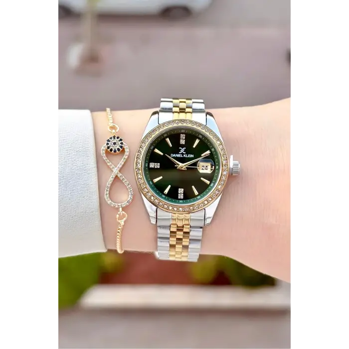 Kadranı Yeşil Kordonu Gold Gümüş Renk 32,5 Mm Hediye Paketli Kadın Kol Saati