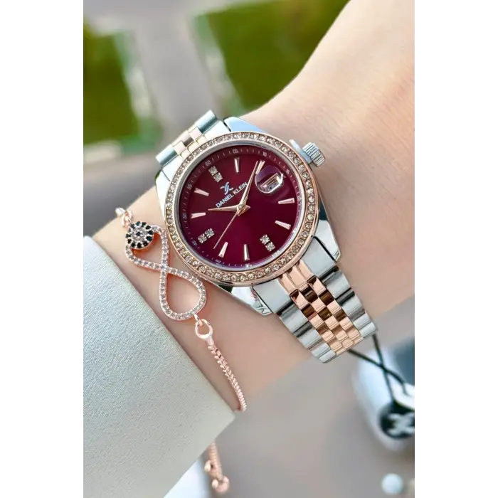 Kadranı Bordo Kordonu Rose Gümüş Renk 32,5 Mm Hediye Paketli Kadın Kol Saati