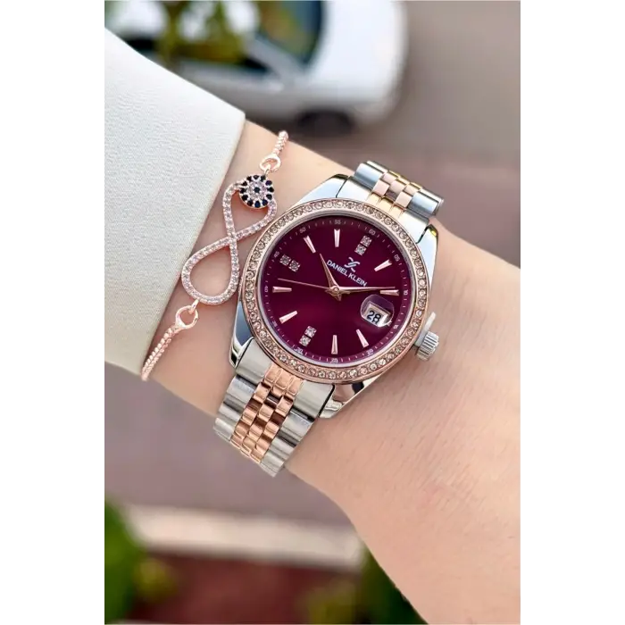 Kadranı Bordo Kordonu Rose Gümüş Renk 32,5 Mm Hediye Paketli Kadın Kol Saati