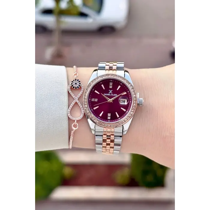 Kadranı Bordo Kordonu Rose Gümüş Renk 32,5 Mm Hediye Paketli Kadın Kol Saati