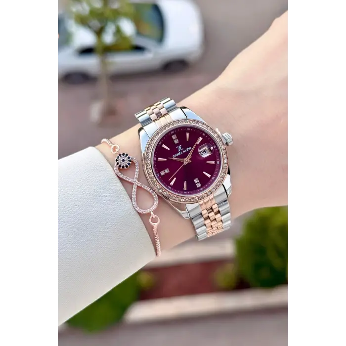 Kadranı Bordo Kordonu Rose Gümüş Renk 32,5 Mm Hediye Paketli Kadın Kol Saati