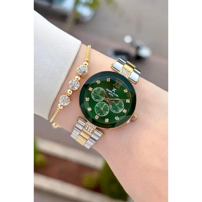 Kadranı Yeşil Kordonu Gold Gümüş Renk Hediye Paketli 32 Mm Kadın Kol Saati