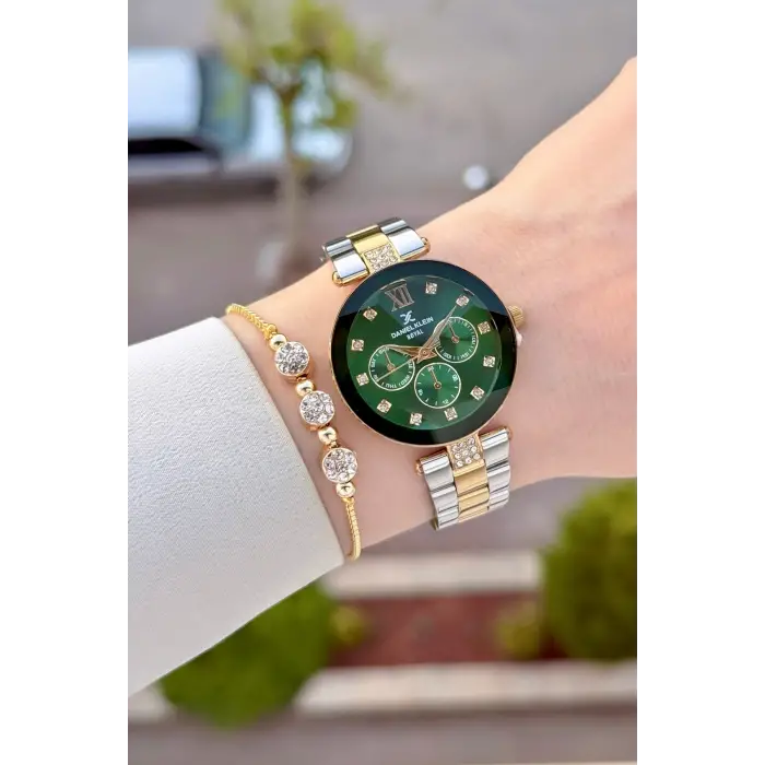 Kadranı Yeşil Kordonu Gold Gümüş Renk Hediye Paketli 32 Mm Kadın Kol Saati