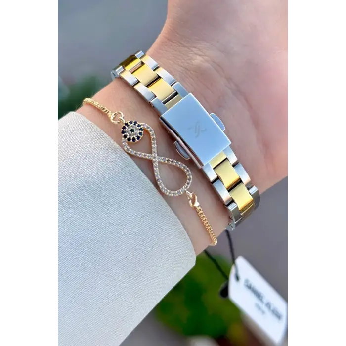 Gold Gümüş Renk Hediye Paketli Kadın Kol Saati