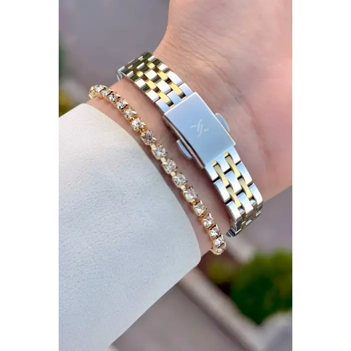 Gold Gümüş Renk Hediye Paketli 22 Mm Kadın Kol Saati ve Bileklik