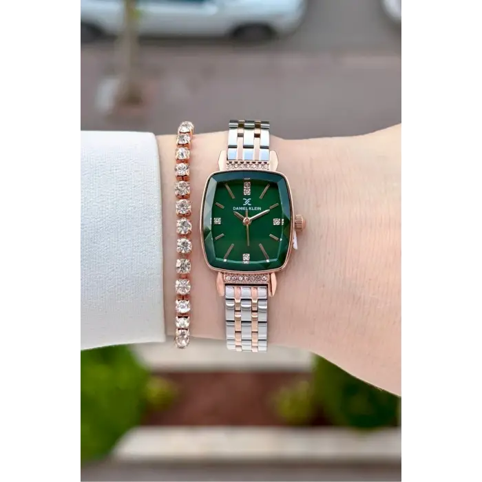 Kadranı Yeşil Kordonu Rose Gümüş Renk Hediye Paketli 22 Mm Kadın Kol Saati