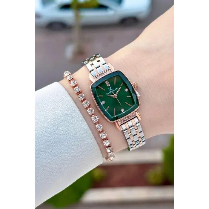 Kadranı Yeşil Kordonu Rose Gümüş Renk Hediye Paketli 22 Mm Kadın Kol Saati