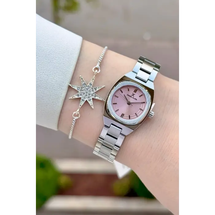 Kadranı Pembe Kordonu Gümüş Renk Hediye Paketli 22,5 Mm Kadın Kol Saati