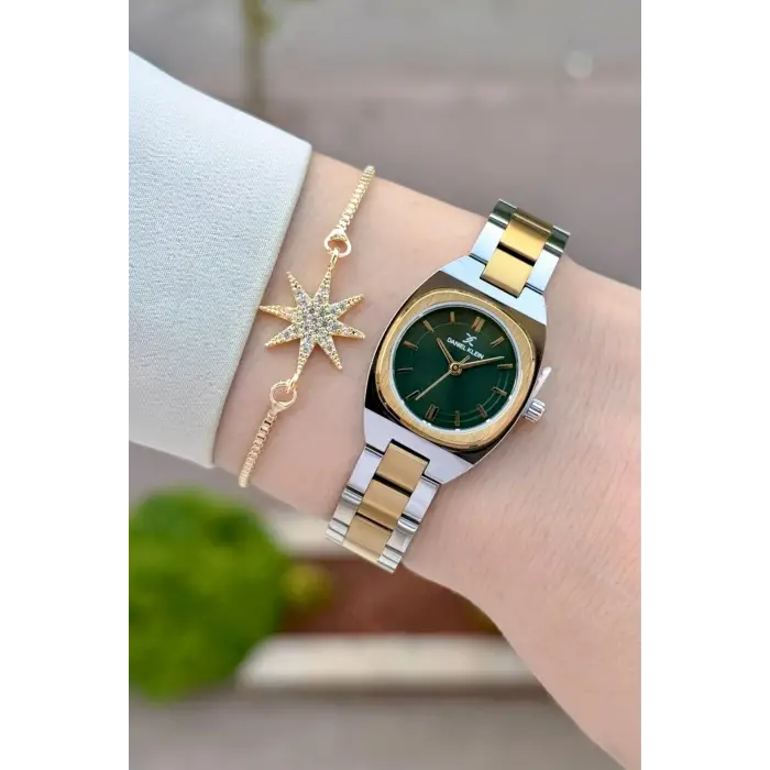 Kadranı Yeşil Kordonu Gold Gümüş Renk Hediye Paketli 22,5 Mm Kadın Kol Saati
