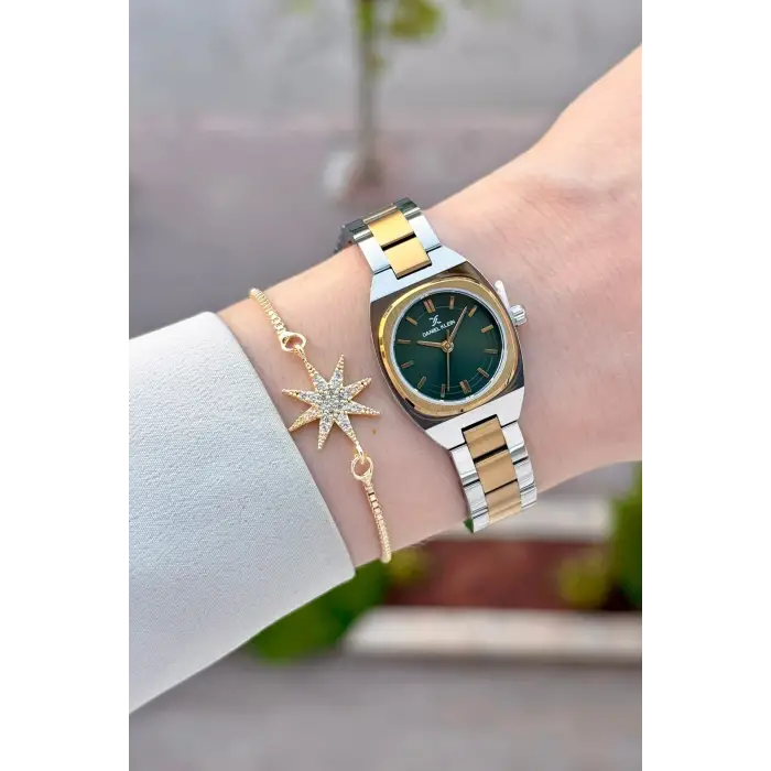 Kadranı Yeşil Kordonu Gold Gümüş Renk Hediye Paketli 22,5 Mm Kadın Kol Saati