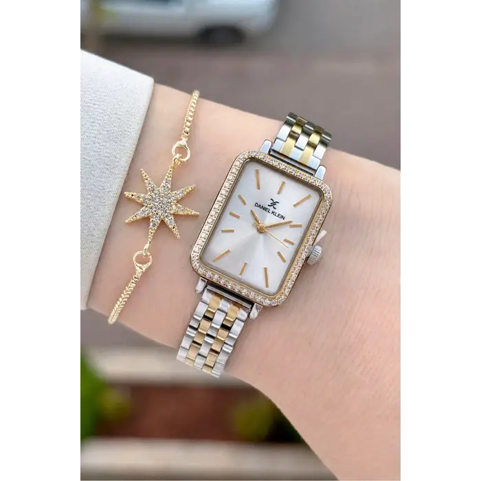 Gold Gümüş Renk Hediye Paketli 21 Mm Kadın Kol Saati ve Bileklik