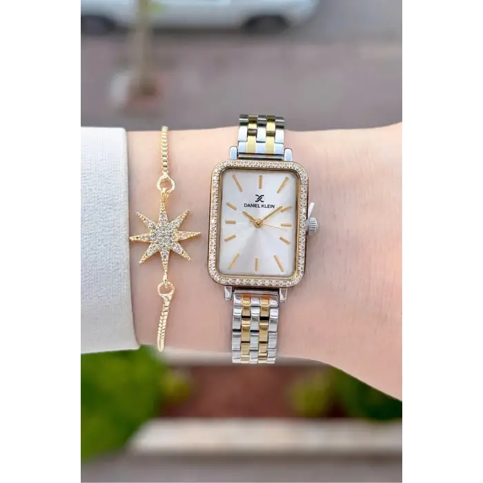Gold Gümüş Renk Hediye Paketli 21 Mm Kadın Kol Saati ve Bileklik